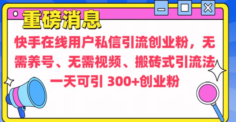 通过给快手在线用户私信引流创业粉，无需养号、无需视频、搬砖式引流法，一天可引300+创业粉 - 维兴科技-维兴科技